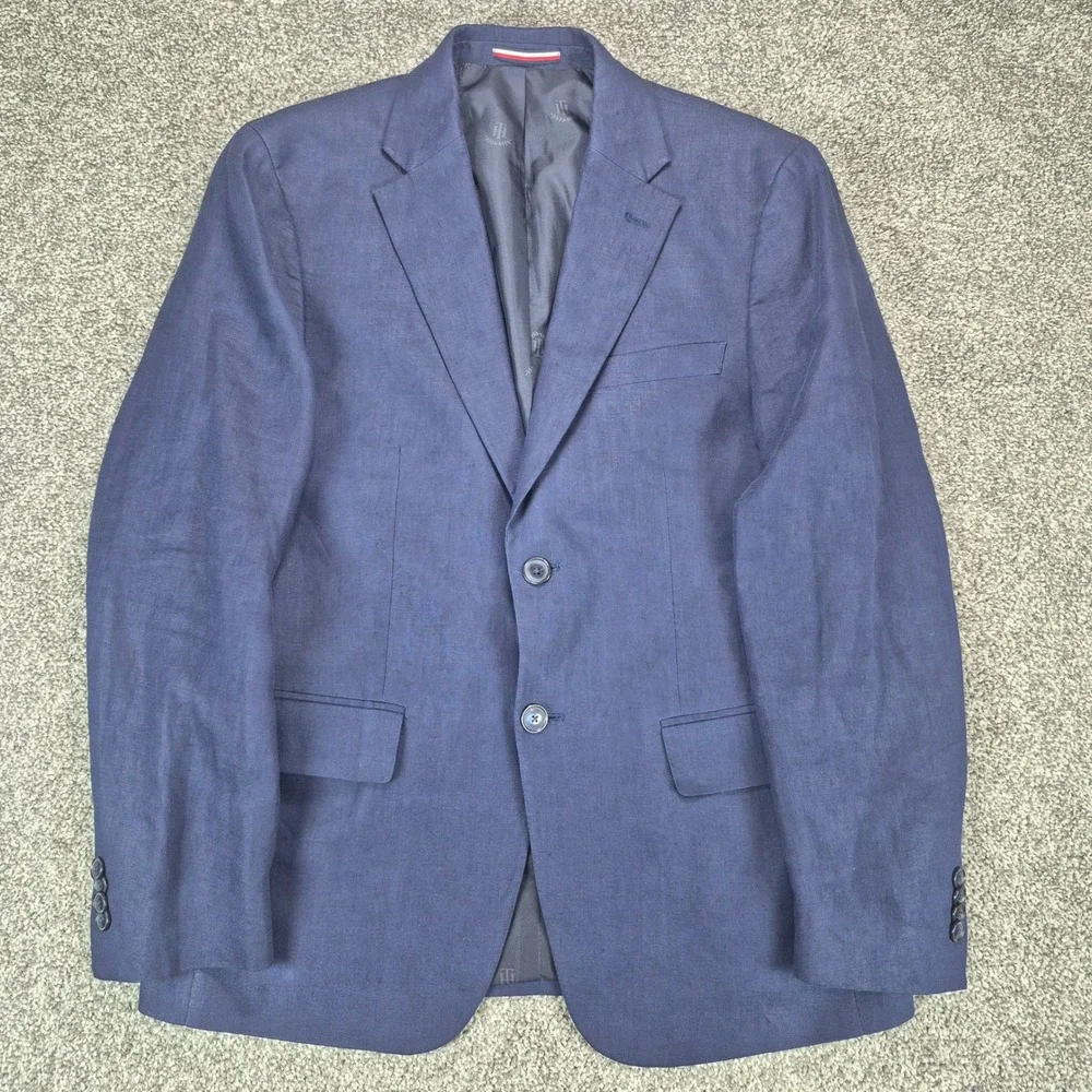 Tommy Hilfiger 100% Linen Blazer Mens 38S Navy Blue Two Button Sport Coat Jacket